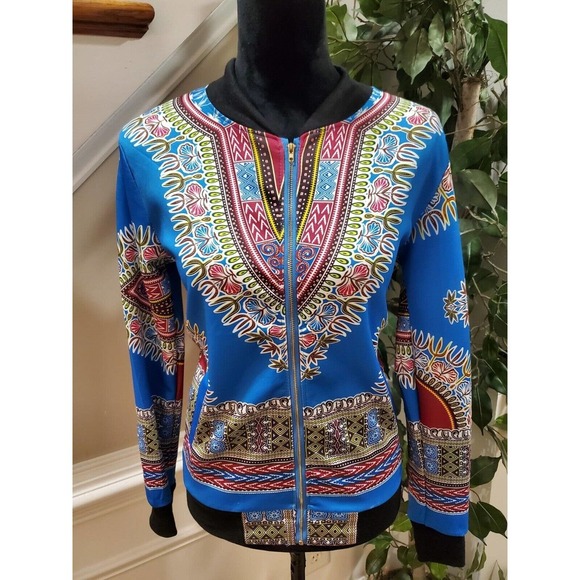 African Print Multicolor Dashiki Long Sleeve Full Zip Bomber Jacket XL - Picture 2 of 14